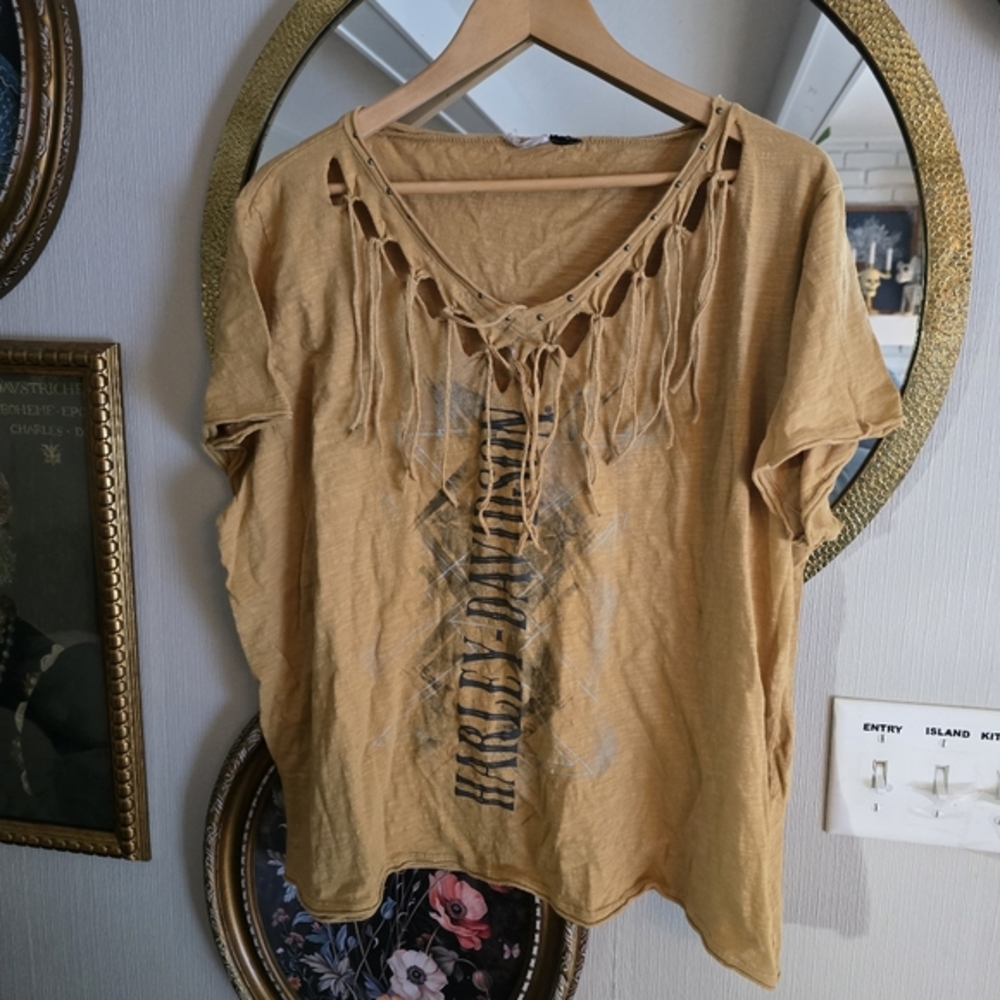 Harley-Davidson‎ Women's Mustard Fringe Top No Tags Fits Like 2x Off Shoulder